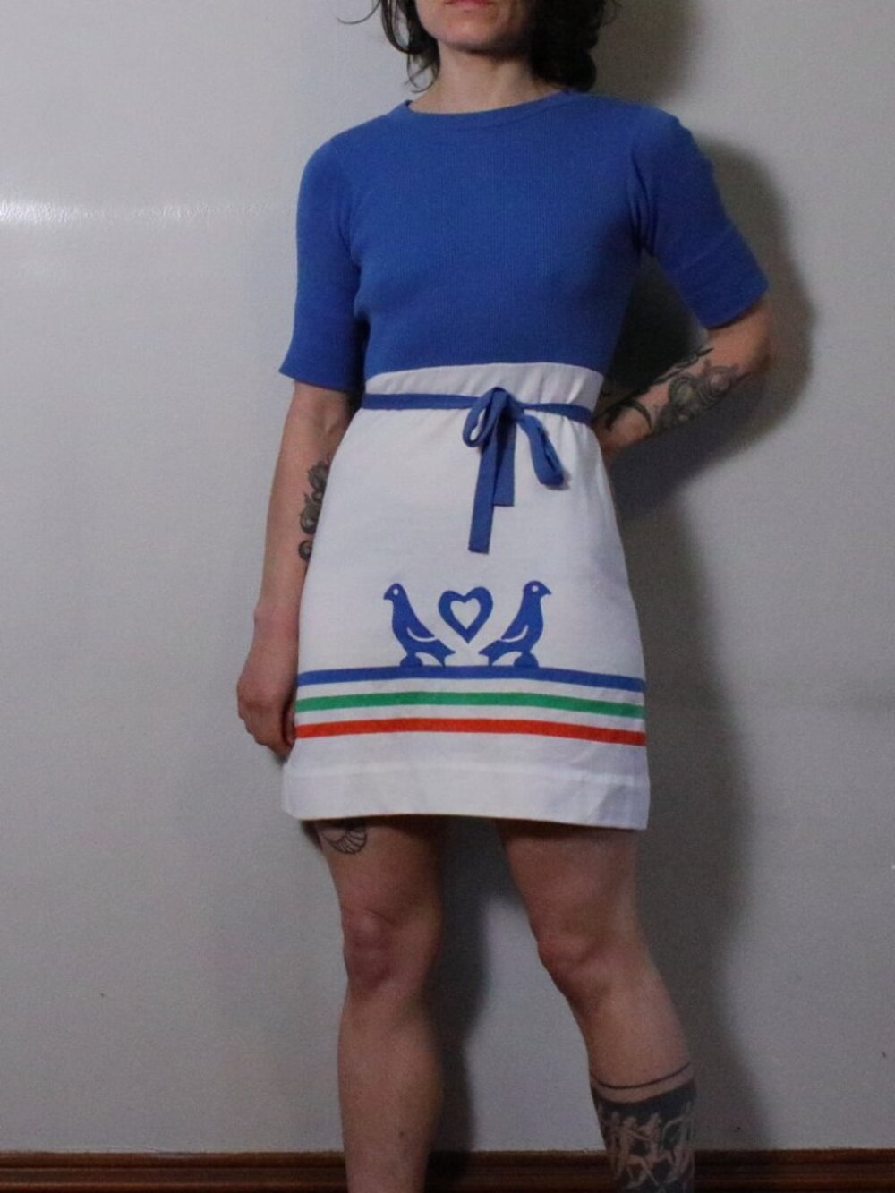 Vintage 70s Blue & White Sweater Dress XXS